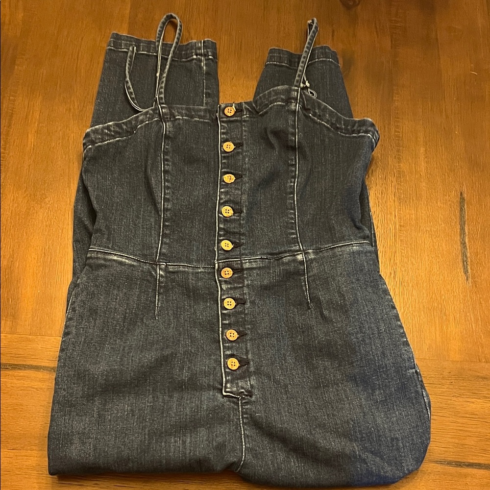 Free People Dark Denim Button-Front Jeans Jumpsuit